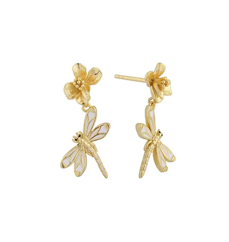 قرط من الفضة الإسترليني عيار 925 على شكل يعسوب وزهرة مطلي بالمينا PLE08080