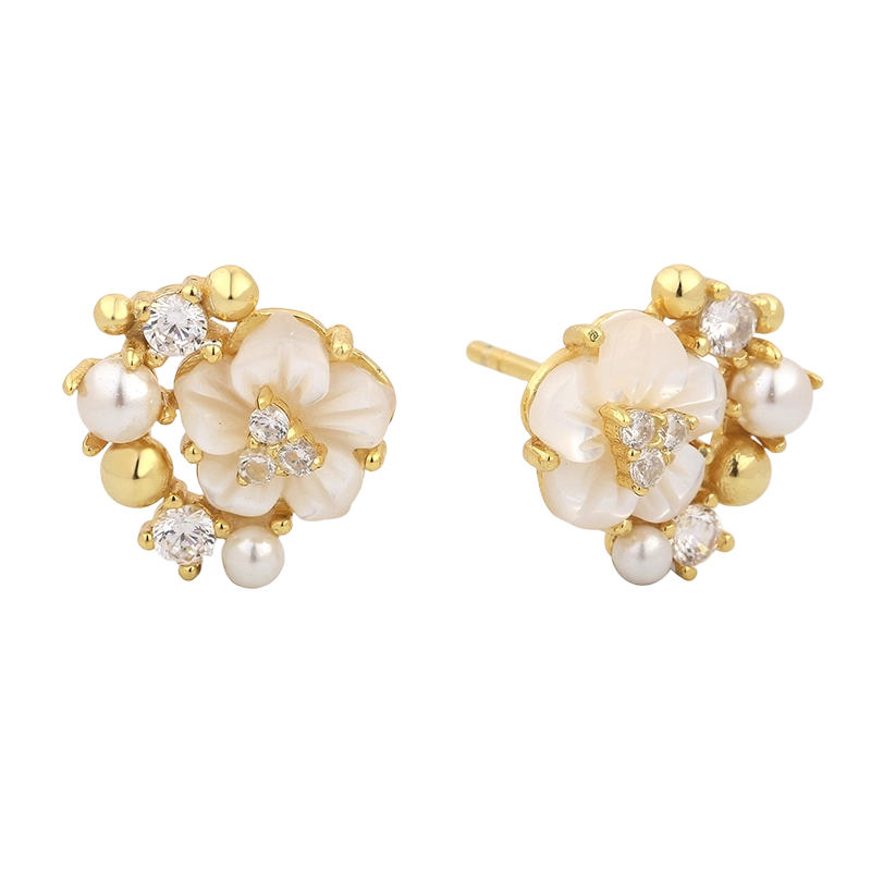 PLE08036 أقراط زهرة من الفضة الإسترليني عيار 925 مصنوعة من عرق اللؤلؤ