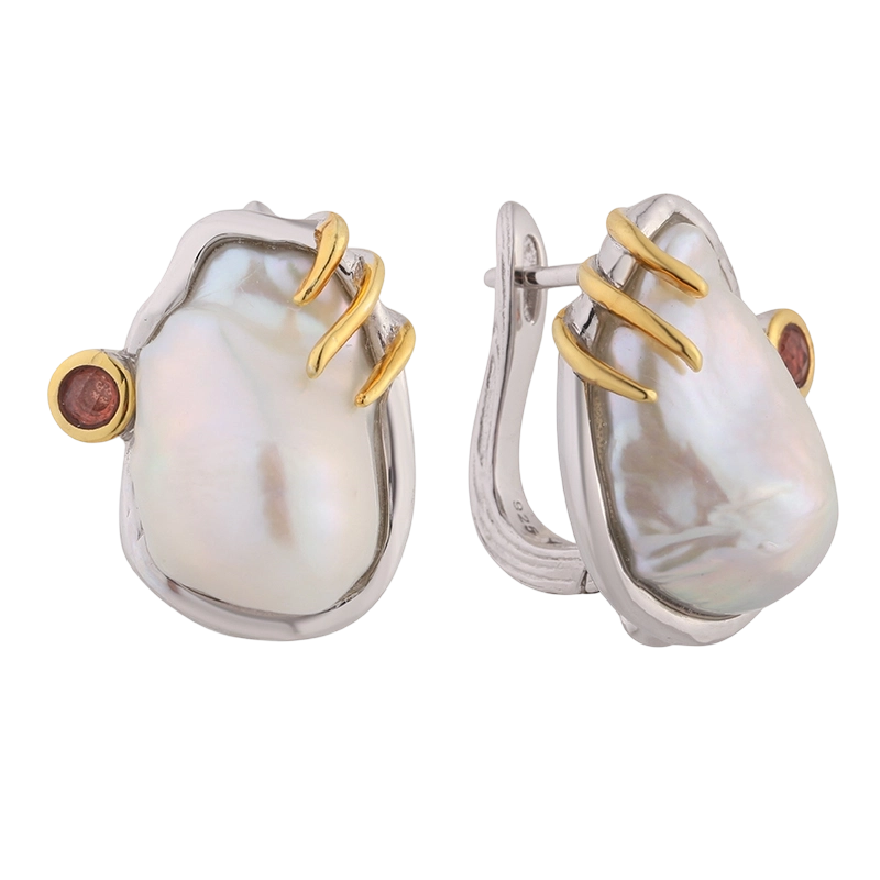 YE03283 أقراط من الفضة الإسترليني عيار 925 مرصعة بحجر العقيق واللؤلؤ الباروكي